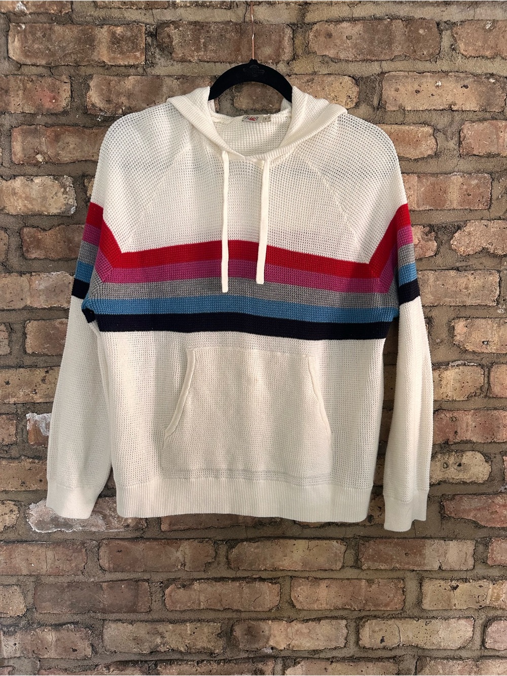 Faherty Throwback Hoodie Cream Hooded Knit Sweater with Red and Blue Stripes